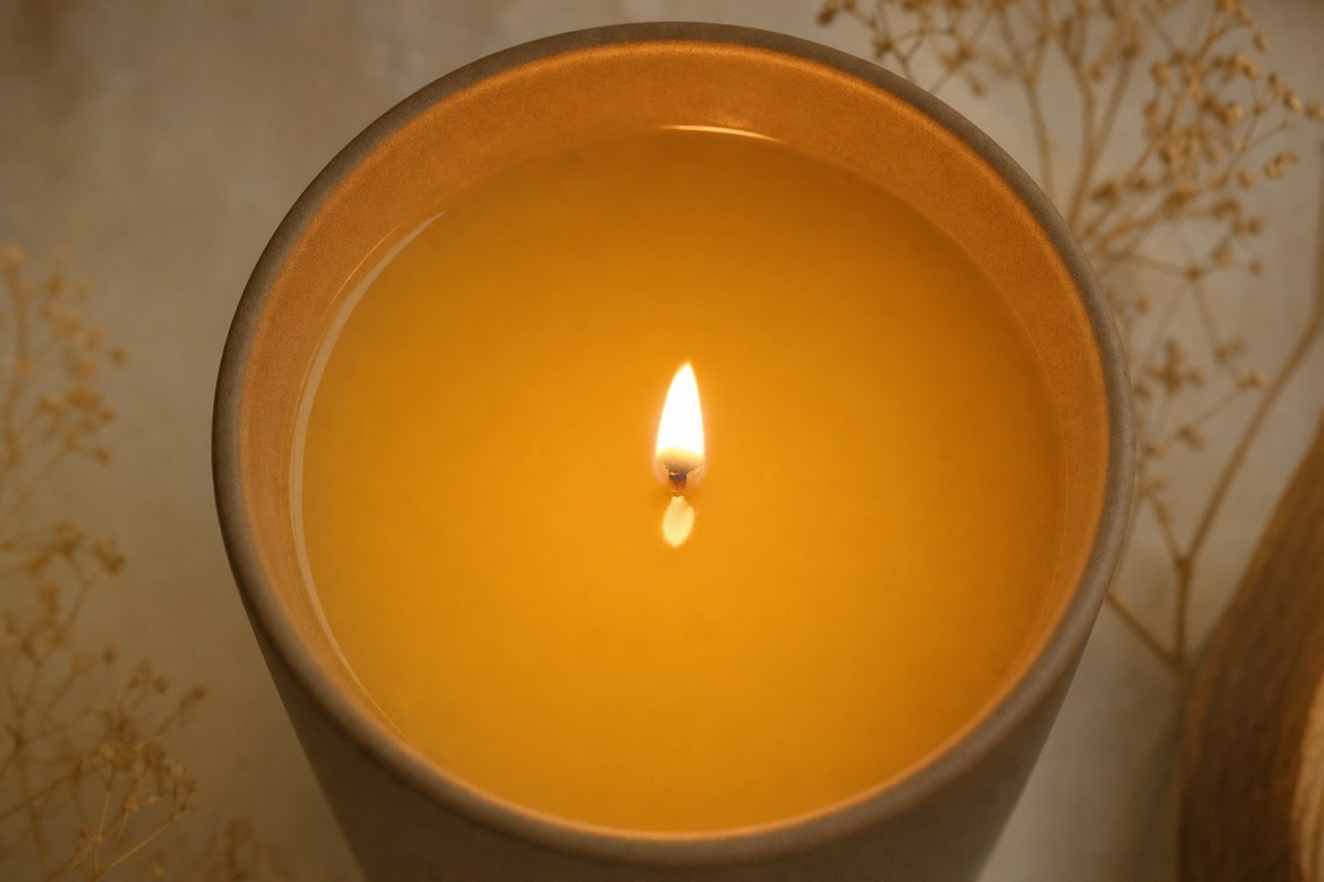 A candle's first lighting — molten wax reaching the full edge of the vessel