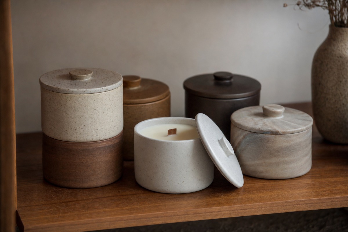 Scented candles with lids stored on a shelf out of direct sunlight