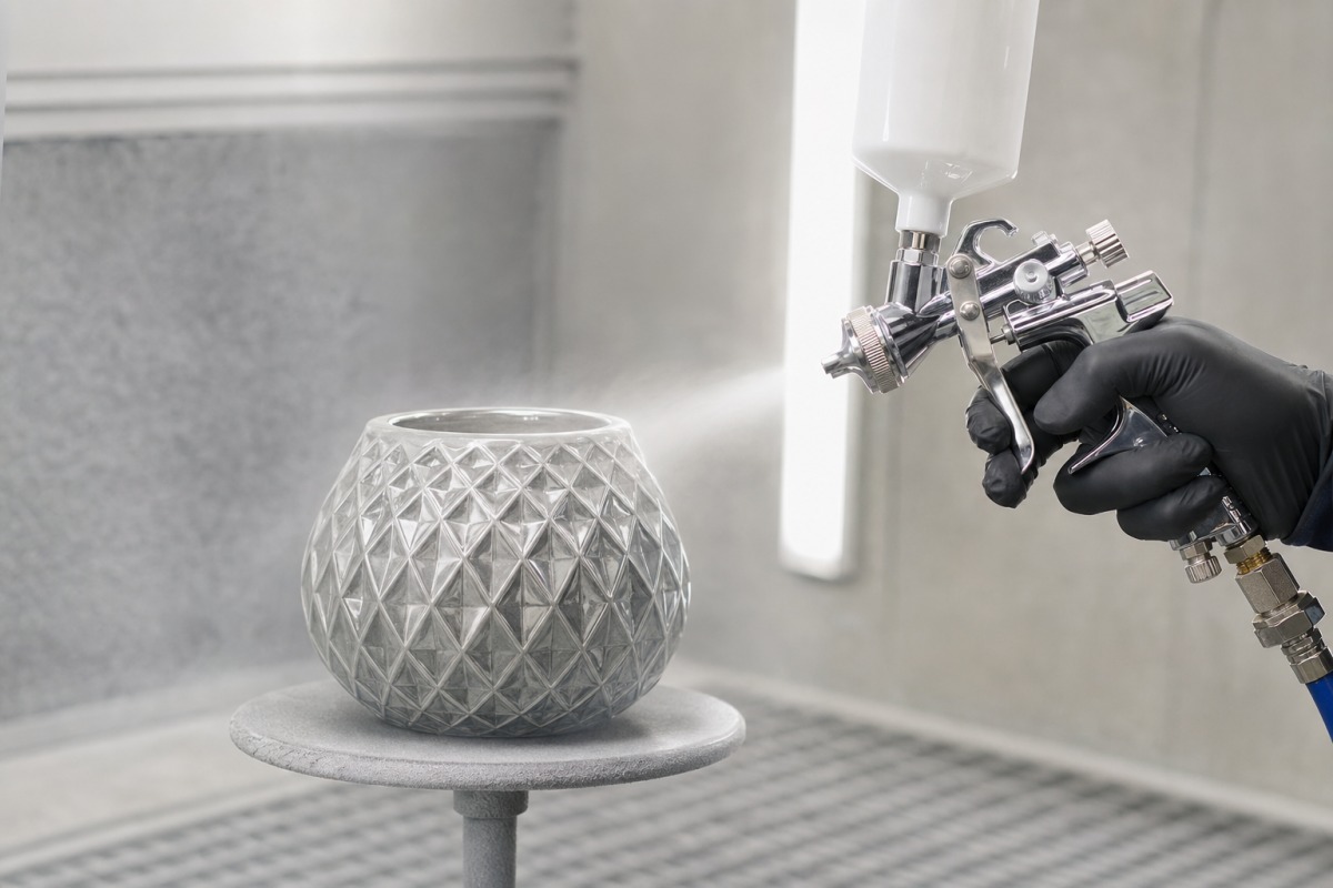 An ornamental candle vessel being lacquered with a professional spray gun in an enclosed booth