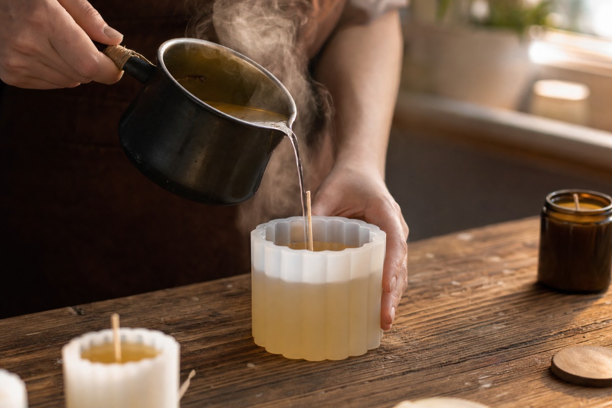Warm wax being poured slowly into a silicone mould in the workshop