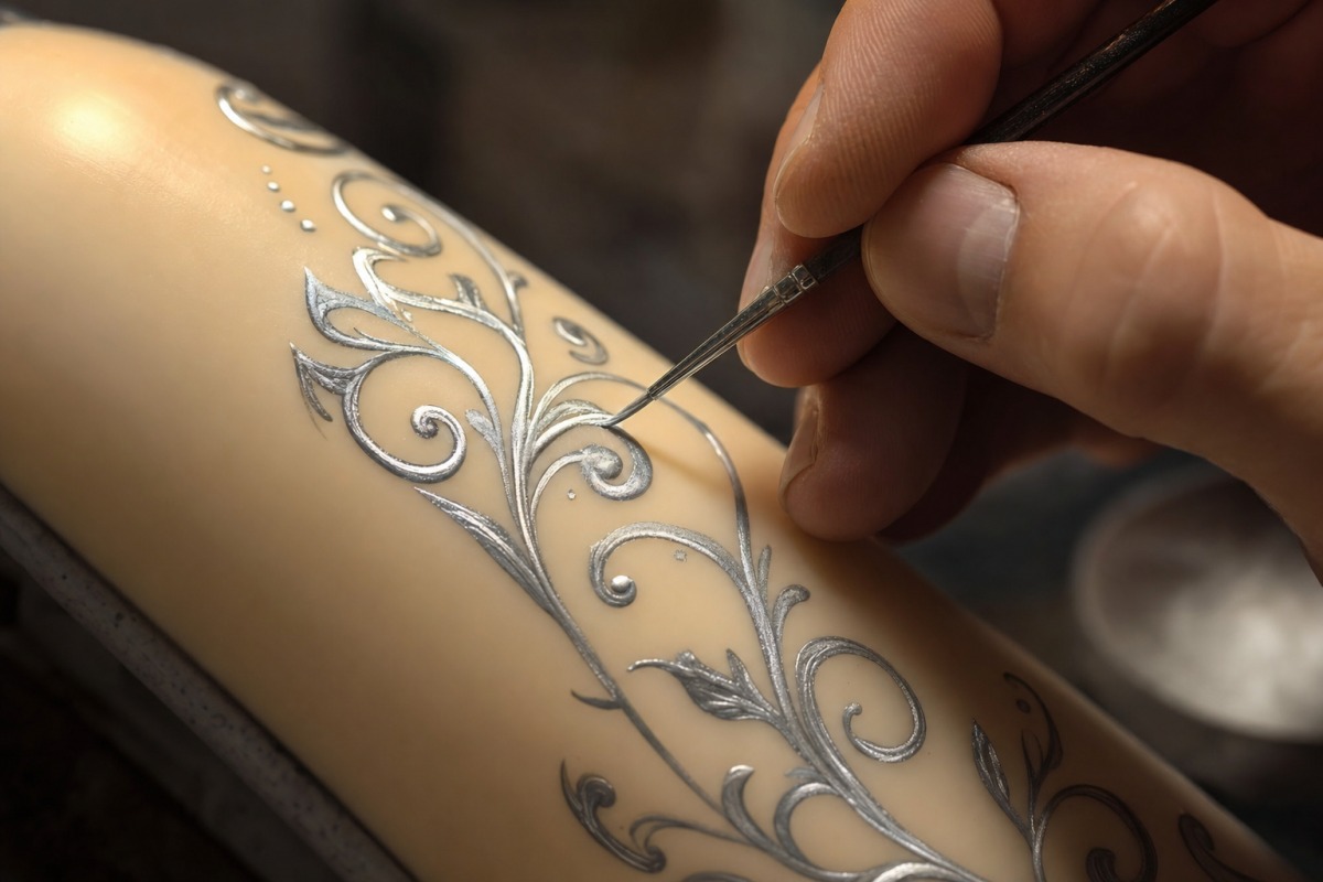 A silver ornament being hand-painted onto a candle's surface with a fine brush