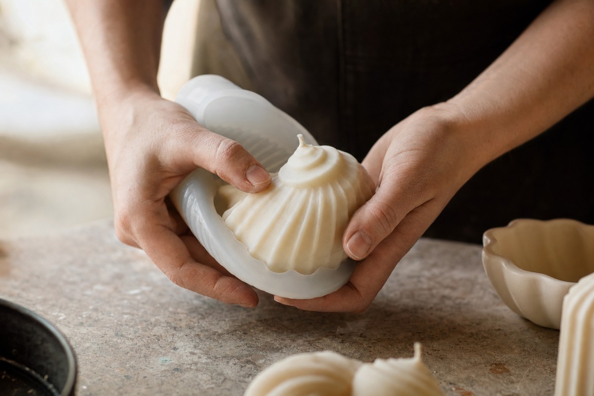 Hands carefully lifting a raw wax casting out of a silicone mould in the workshop