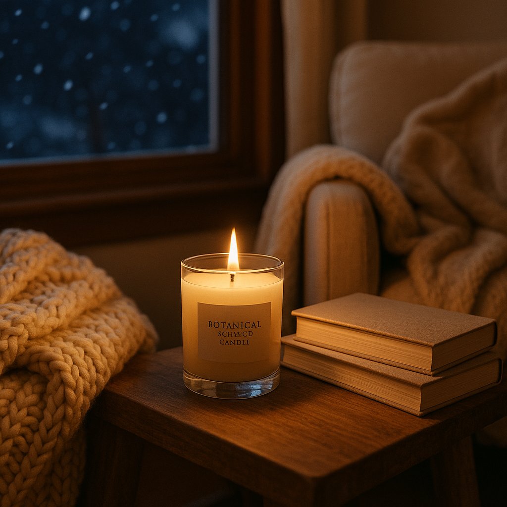 Dried lavender in a vase next to a burning candle as a safe decoration