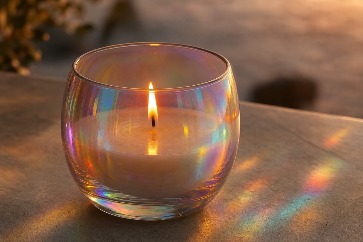 A clean plant-based candle burning in holographic dichroic glass that refracts the flame's light into rainbow reflections.