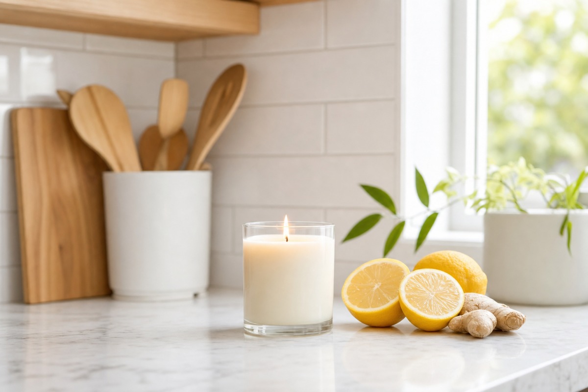 A citrus candle with lemons and ginger on a kitchen counter