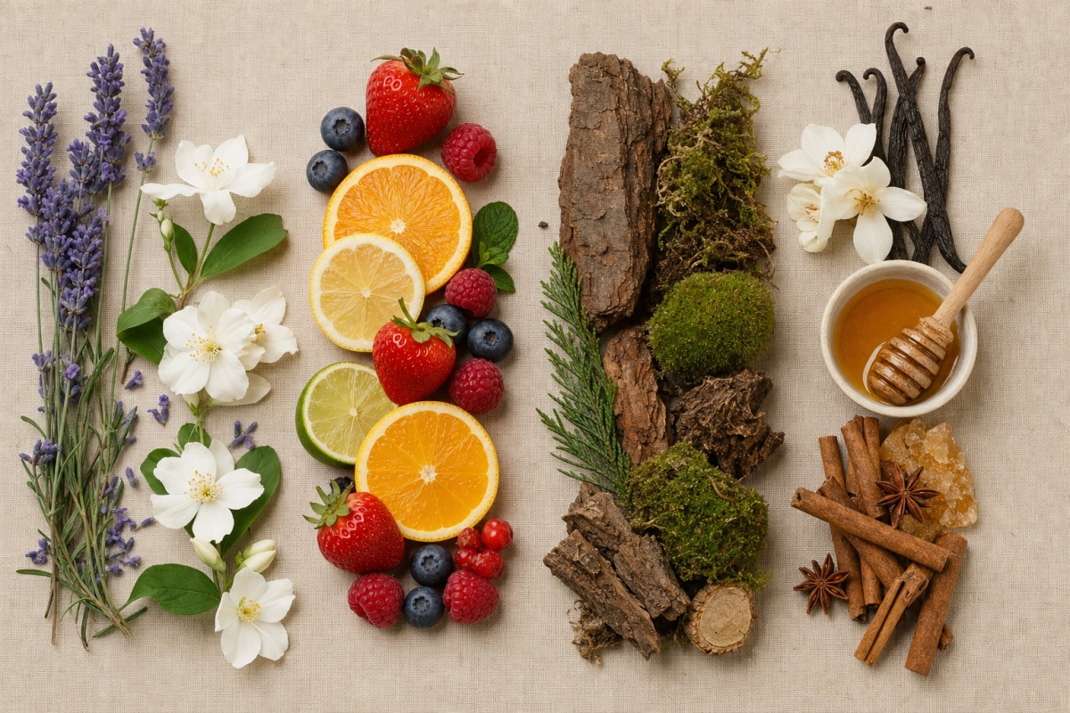 Four scent families — floral, fruity, woody and sweet — arranged side by side