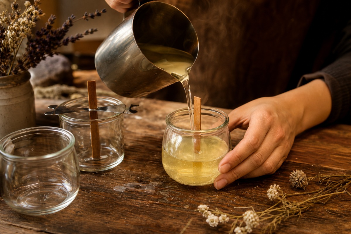 Hand-pouring melted plant wax into a glass with a wooden wick in a workshop
