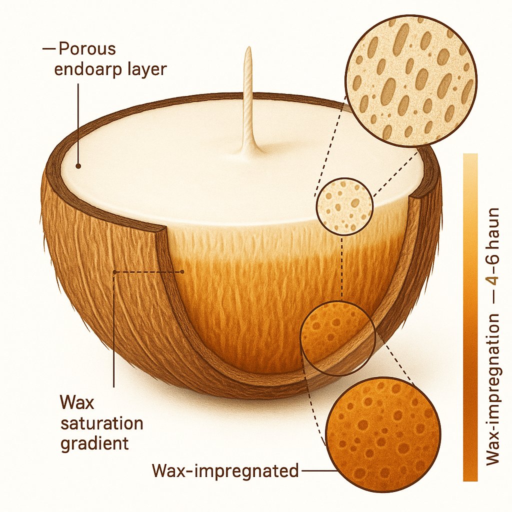 Cross-section of a coconut shell showing its porous internal structure