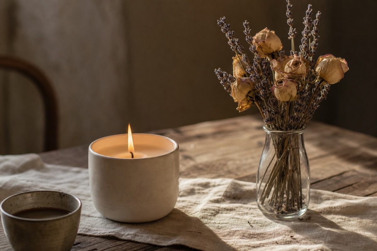 A cleanly burning candle in a ceramic vessel on the left and, separately on the right, a glass vase holding dried roses and lavender