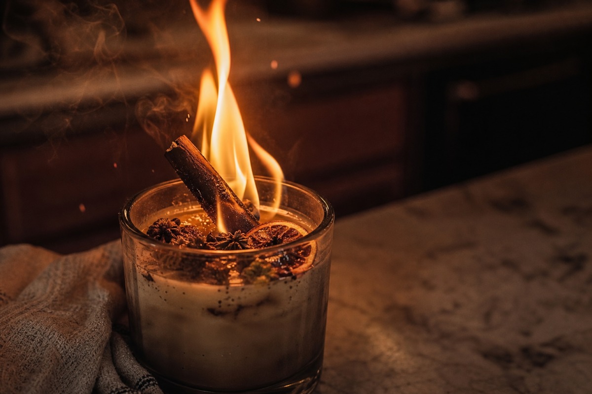 A candle on a kitchen counter with a flame flaring high around a smouldering cinnamon stick and dried orange slice