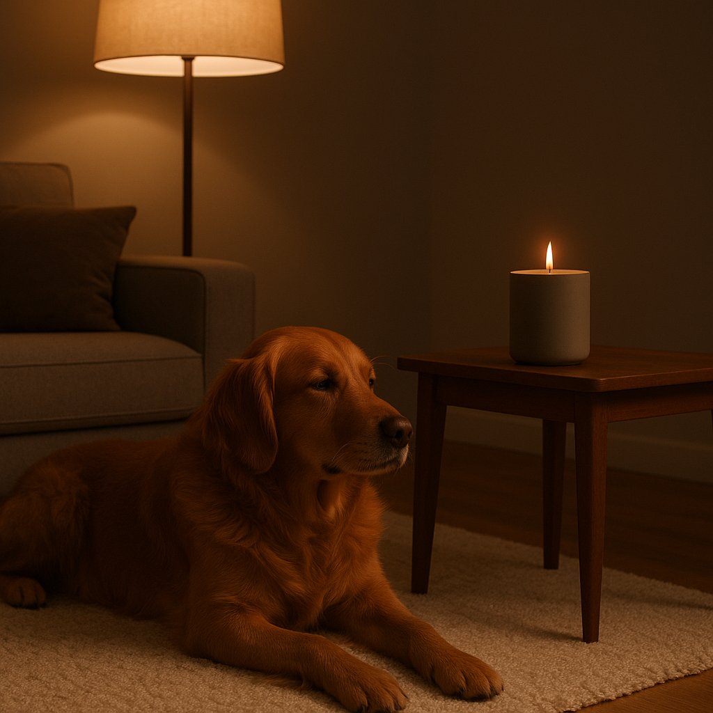 Dog next to a NOBAMO scent-free candle on a tall stand, a calm evening scene with dim lighting