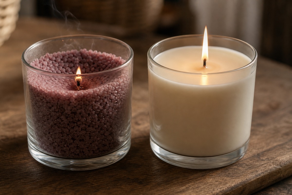 Side by side: a glass of wax granules with a weak little flame and a poured plant-wax candle with a stable flame and an even melt pool.