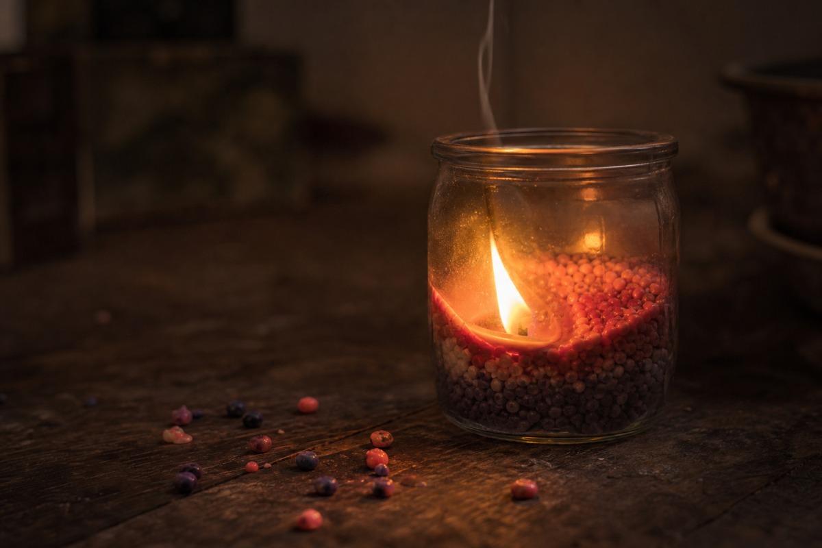 A flame in a granule-filled glass burning close to the thin glass wall, with scattered wax grains on the table.