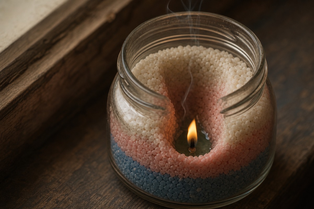Top-down view into a glass with layers of coloured wax granules, where a drowned wick sits in a narrow funnel-shaped pit while the surrounding granules remain unburned along the walls.