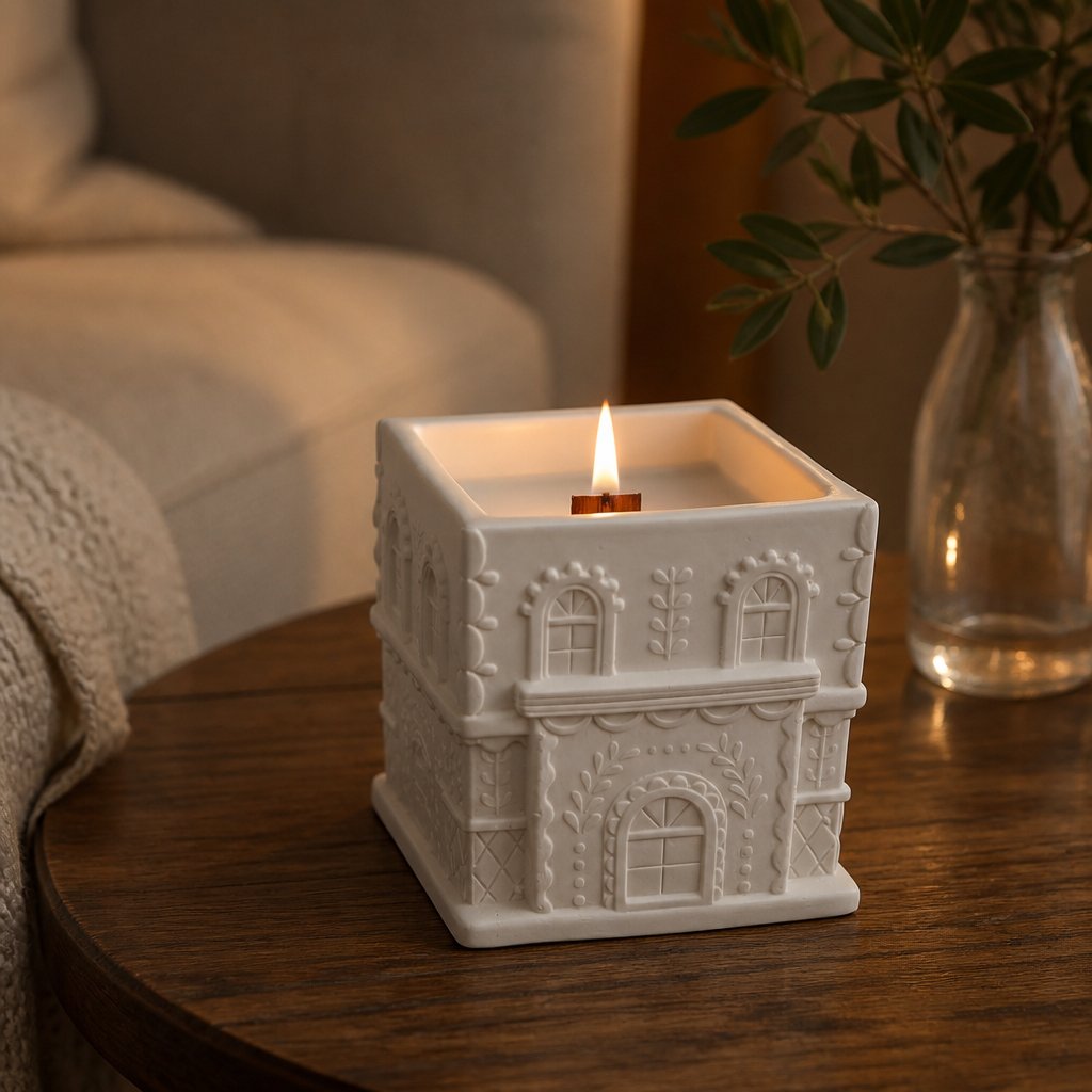 Scented Candle Medium House - White / Blue / Cotton