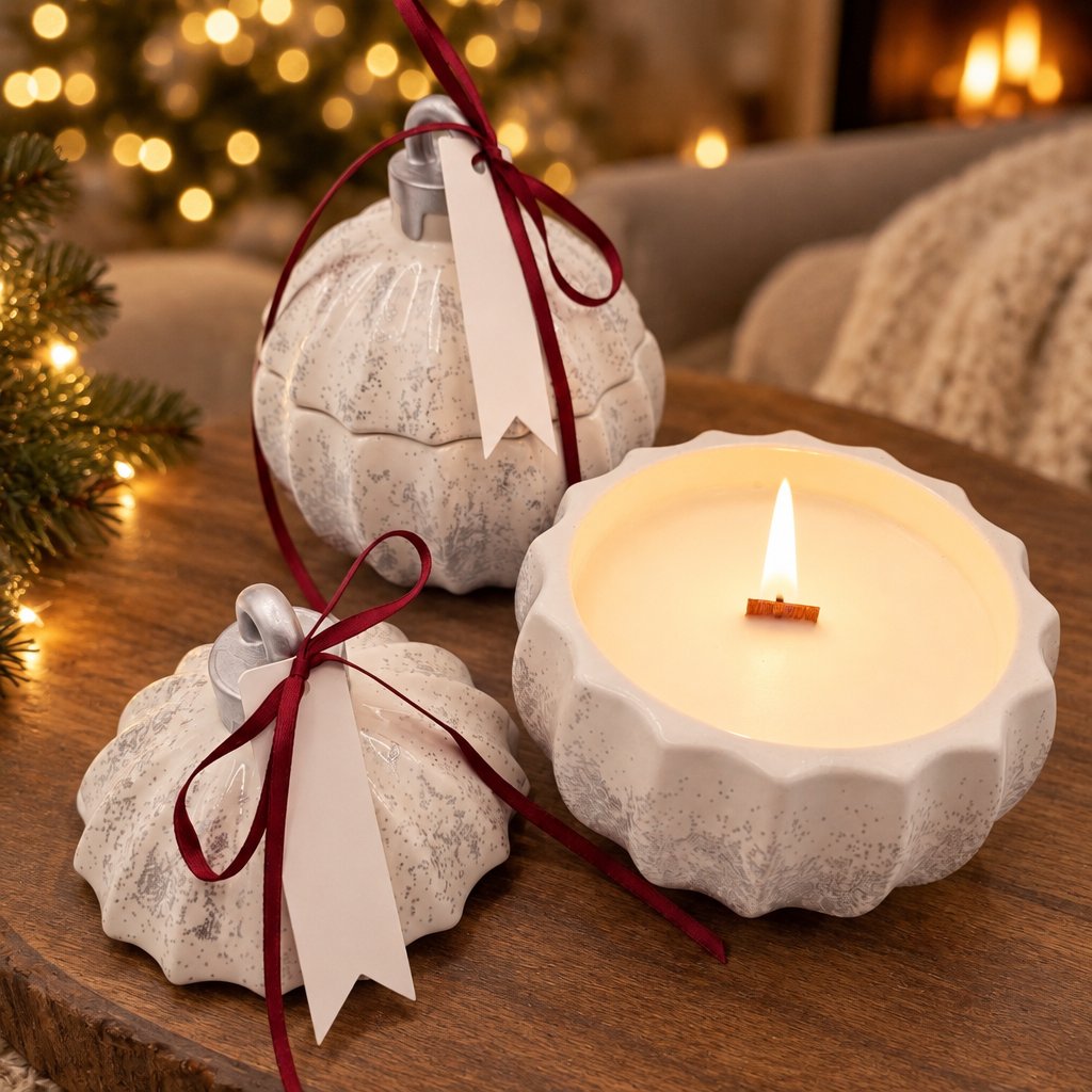 Christmas Bauble Glitter Candle - White / Silver / Winter Magic
